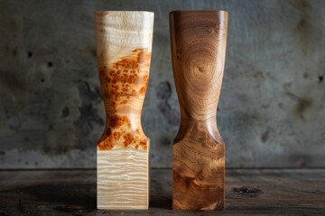 Elegant handcrafted wooden sculptures with unique natural grain patterns, showcasing artisanal design and the beauty of polished wood textures for refined interior decor.