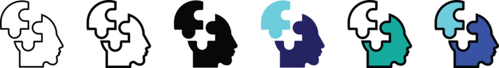 Human Head Puzzle Icons – Vector Set of Mental Health, Psychology, and AI Concept Symbols