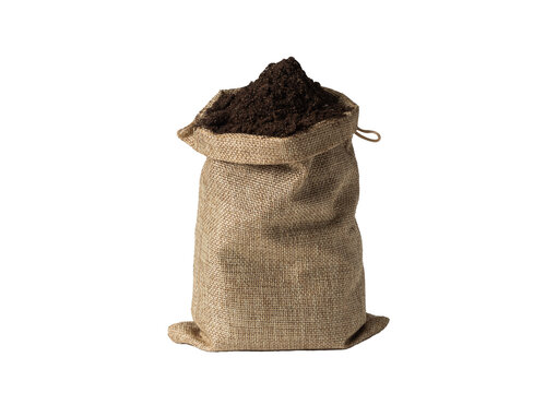 Jute bag with soil mixed with fertilizers on white background. Isolated