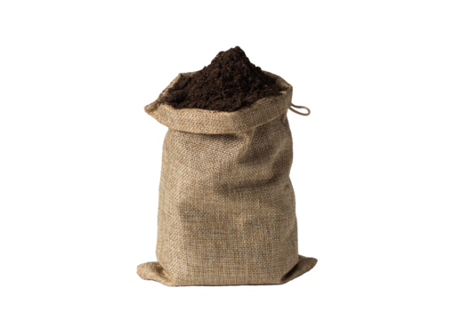 Jute bag with soil mixed with fertilizers on white background. Isolated