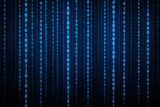 Digital rain of glowing blue binary code cascading down a dark background representing data and technology