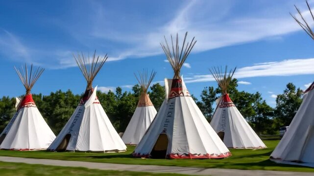 Group of tipis against clear blue sky