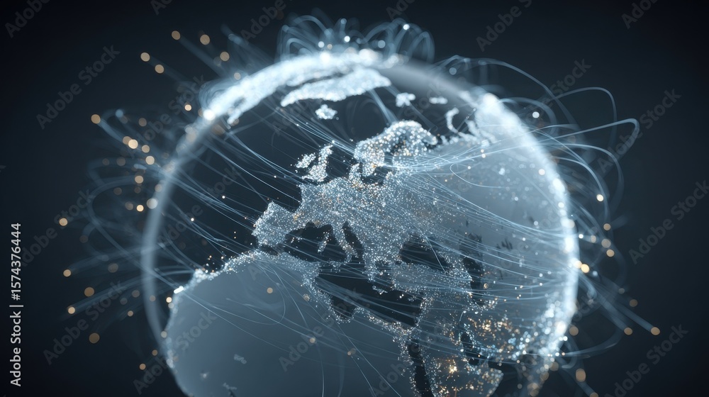 Poster a futuristic visualization of a globe with illuminated data points and network lines symbolizing the