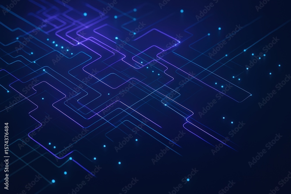 Poster abstract digital network of glowing blue and purple lines with scattered light points on a dark back