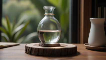 Aromatic Oil in Glass Bottle on Wood Slice, Natural Home Decor, Spa Concept, Aromatherapy Essential Oil, Wellness and Relaxation still life