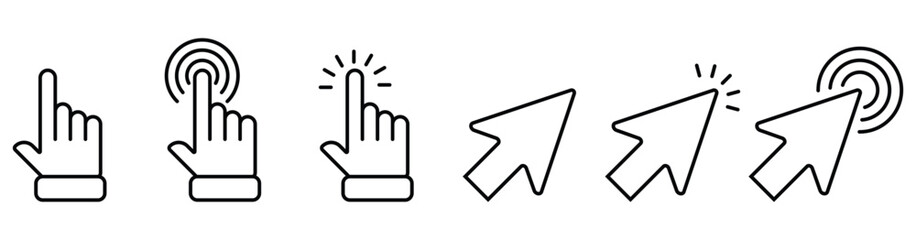 cursor, click, app, arrow line icon set. vector stock. 