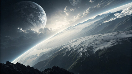 Alien planet landscape with large celestial bodies in sky, mountainous terrain, and otherworldly atmospheric effects creating science fiction scene.