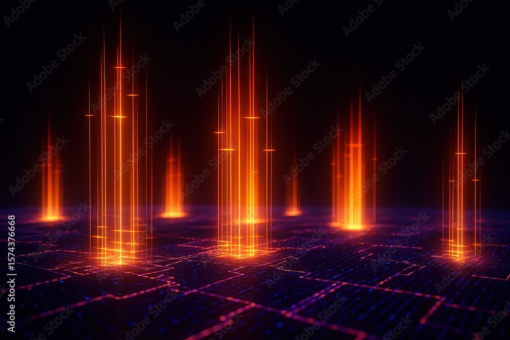 Poster digital network data streams glowing orange light beams rising from a futuristic circuit board
