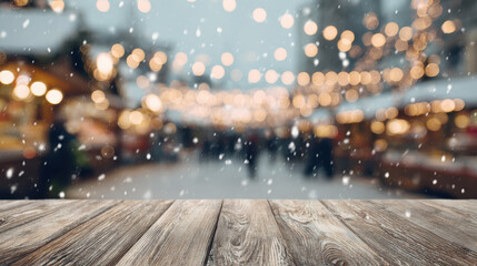 Wooden table blurred with festive winter fair in background and snow falling