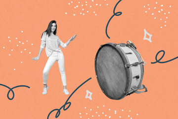 Sketch zine image artwork collage of happy girl guy dance drum music instrument melody note...