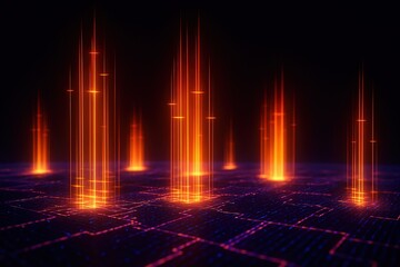 Digital network data streams glowing orange light beams rising from a futuristic circuit board