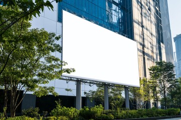 Large blank billboard on modern building with trees and sunlight