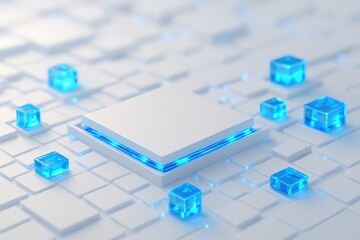 Futuristic technology concept with glowing blue cubes on a white grid surface