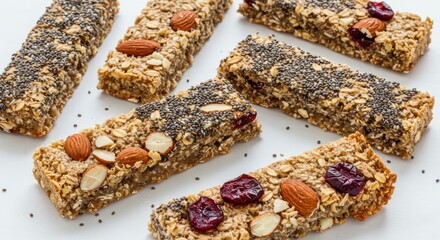 Granola Bars with Nuts Dried Fruit and Seeds on White Background