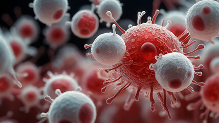 Microscopic view of white blood cells among red blood cells, immunology and microbiology background, lab test mockup, blood disease, disorder and lymphoma concept
