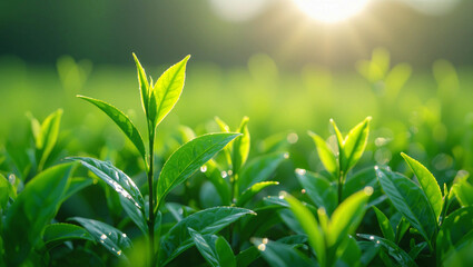 Lush green tea leaves glistening with dew drops in the warm morning sunlight