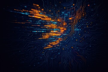Abstract digital circuit board with glowing orange and blue data streams and connections