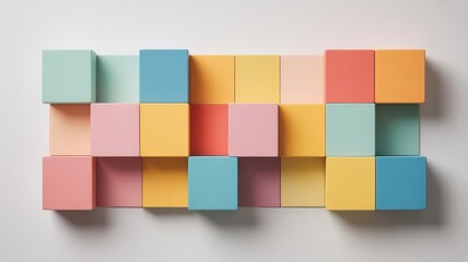 Arrangement of pastel colored cubes creating a geometric pattern on a white surface backdrop