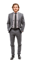 Stylish young professional man walking towards camera in tailored business suit, white shirt, and soft pastel tie, showing ambition and charm. Clean white background