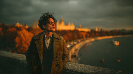 Pensive Indian Man in Overcoat Overlooking River at Dusk