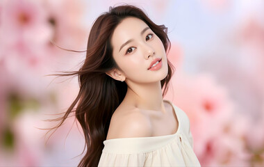 Confident and generous Asian beauty with sideways smile, hair slightly blown by the wind, with pink flowers in the background. Healthy skin and long flowing soft hair