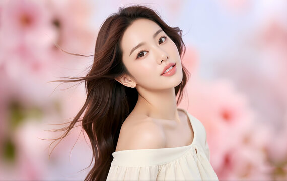 Confident and generous Asian beauty with sideways smile, hair slightly blown by the wind, with pink flowers in the background. Healthy skin and long flowing soft hair