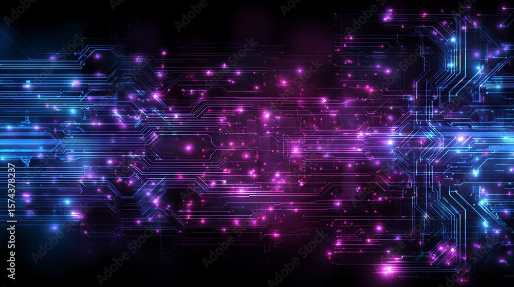 Poster abstract technology background with illuminated circuit board lines and glowing dots, futuristic con
