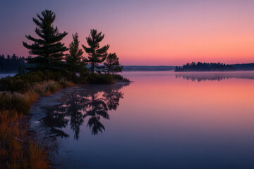 Obraz premium breathtaking summer sunrise over serene lake enveloped in gentle mist
