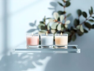 Three Scented Candles on Glass Shelf with Eucalyptus Branches