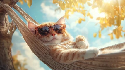 A ginger cat wearing sunglasses lounging comfortably in a hammock under a sunny sky with green leaves around. Humorous and cute summer vacation concept. Relaxed outdoor scene.