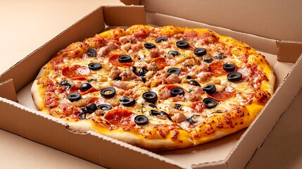 Delicious pizza in a cardboard box.