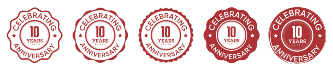 Celebrating 10 Years Anniversary Badges in Red – Vintage Seal Icon Collection