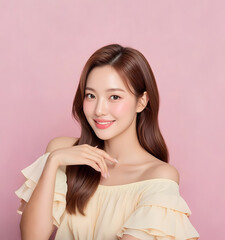 Confident and competent Asian beauty with glowing skin, Korean beauty in light yellow one-shoulder top, elegant and confident pose standing in front of pink background wall 