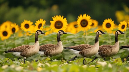Geese parade across a vibrant sunflower field on a sunny afternoon