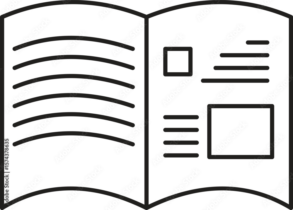 Poster open magazine-style book icon representing article layout or visual textbook with transparent backgr