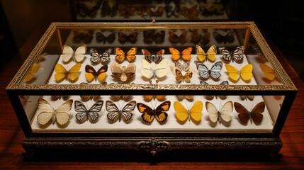 Preserved butterflies in a glass case