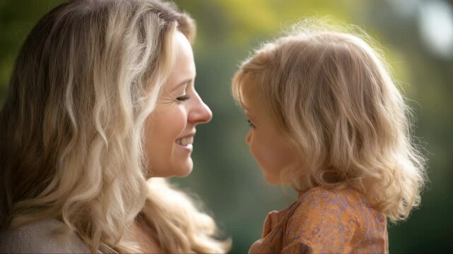 A smiling mother and daughter with light hair posing closely outdoors against a green natural background. Happy family portrait concept. Warm and genuine expressions. - Powered by Adobe