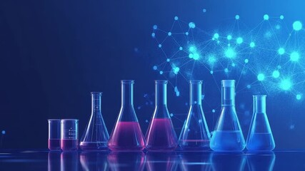 Science laboratory background with beakers and flasks filled with colorful liquids, ideal for - Powered by Adobe