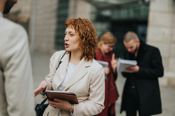 A group of diverse professionals engaged in conversation and collaboration in an outdoor urban...
