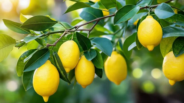 Close-up of ripe yellow lemons growing on green leafy branches in orchard under natural sunlight. Fresh citrus harvest ready for picking. Vibrant and organic look.