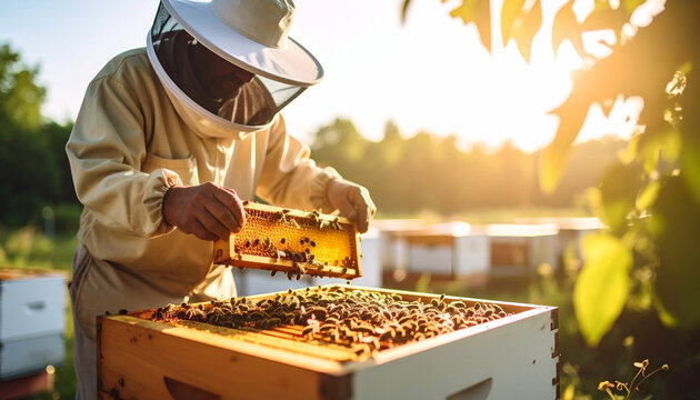 Beekeeper harvesting honey at sunset.