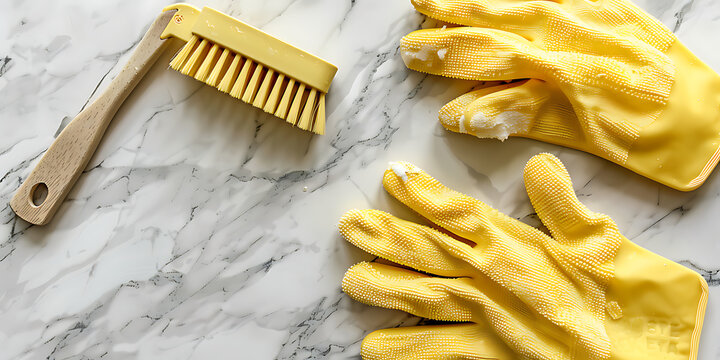 Yellow Rubber Gloves and Cleaning Brush on Marble Surface

