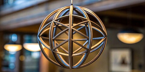 Modern spherical geometric pendant light with metallic frame in stylish interior setting
