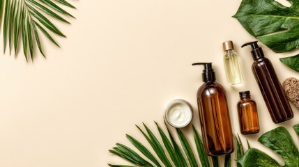 Cosmetic products on beige background