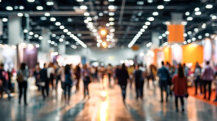 Blurred scene of a large convention or trade show bustling with people and bright lighting above the attendees.