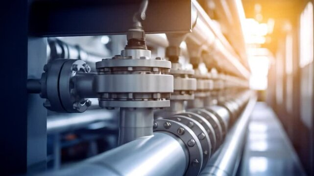 Industrial pipeline detail with repeating sections and metallic, gleaming finish