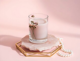 Pink Scented Candle with Dried Flowers on Rose Quartz Coaster