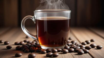 Hot Coffee Cup with Steam and Coffee Beans on Wooden Table