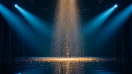 Stage with blue spotlights and golden sparkling particles falling from above