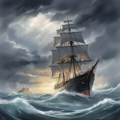 Fototapeta premium Vector a painting of a ship in a stormy sea a detailed matte painting